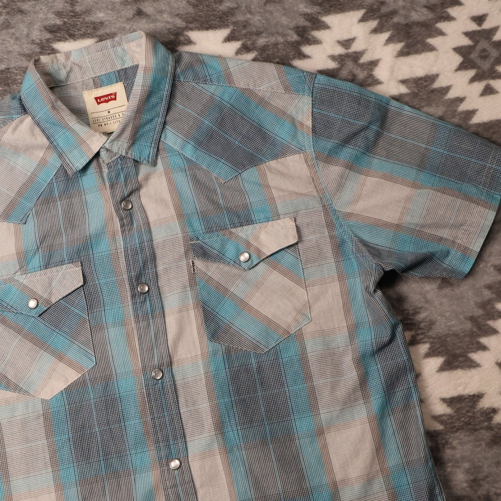 Levis Shirt Mens Blue Grey Western Plaid Short Sleeve Pearl Snap